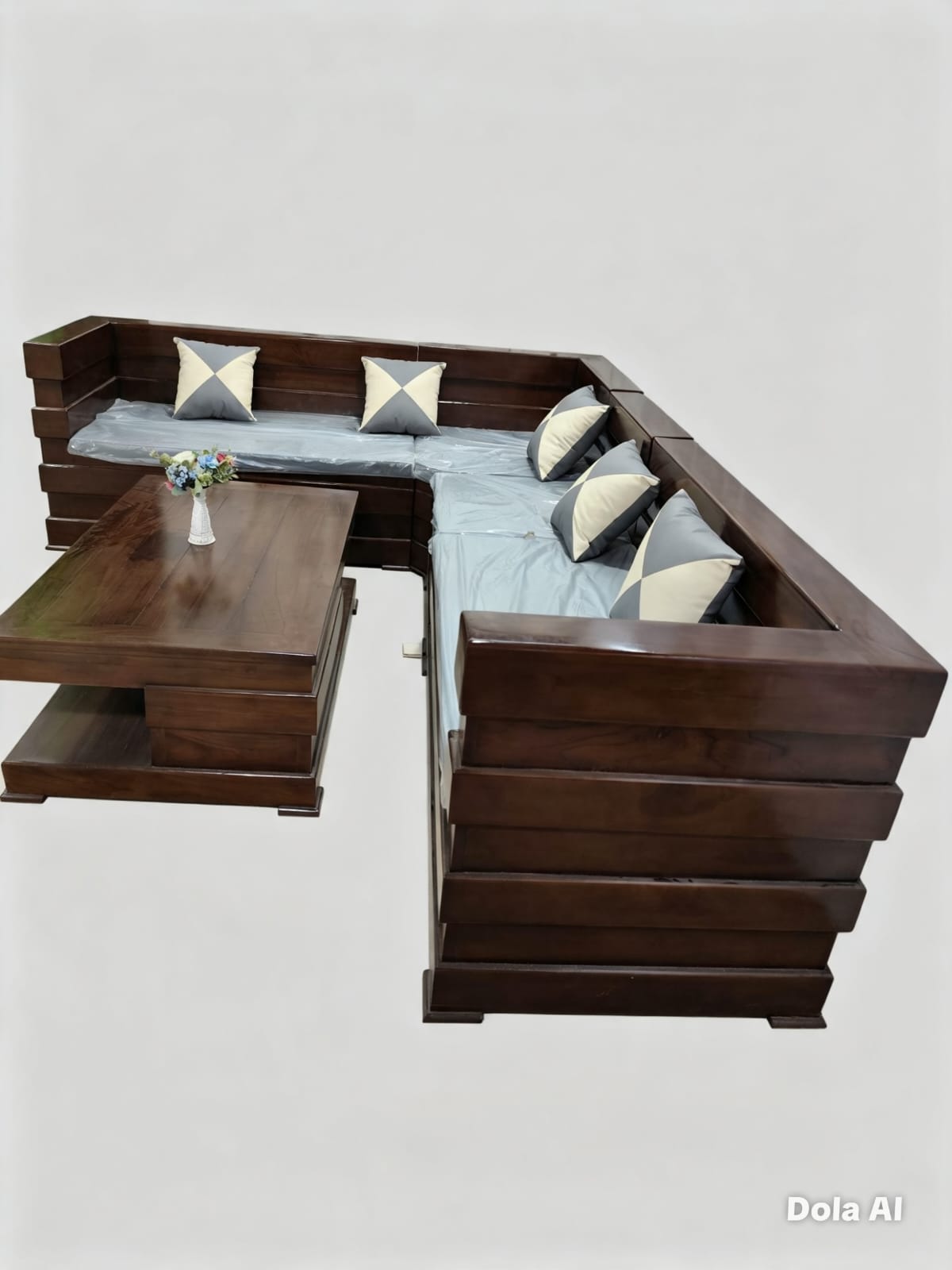 Set Sofa Sudut Kayu Solid Minimalis Modern + Meja Tamu (L-Shape Wooden Sofa Set)