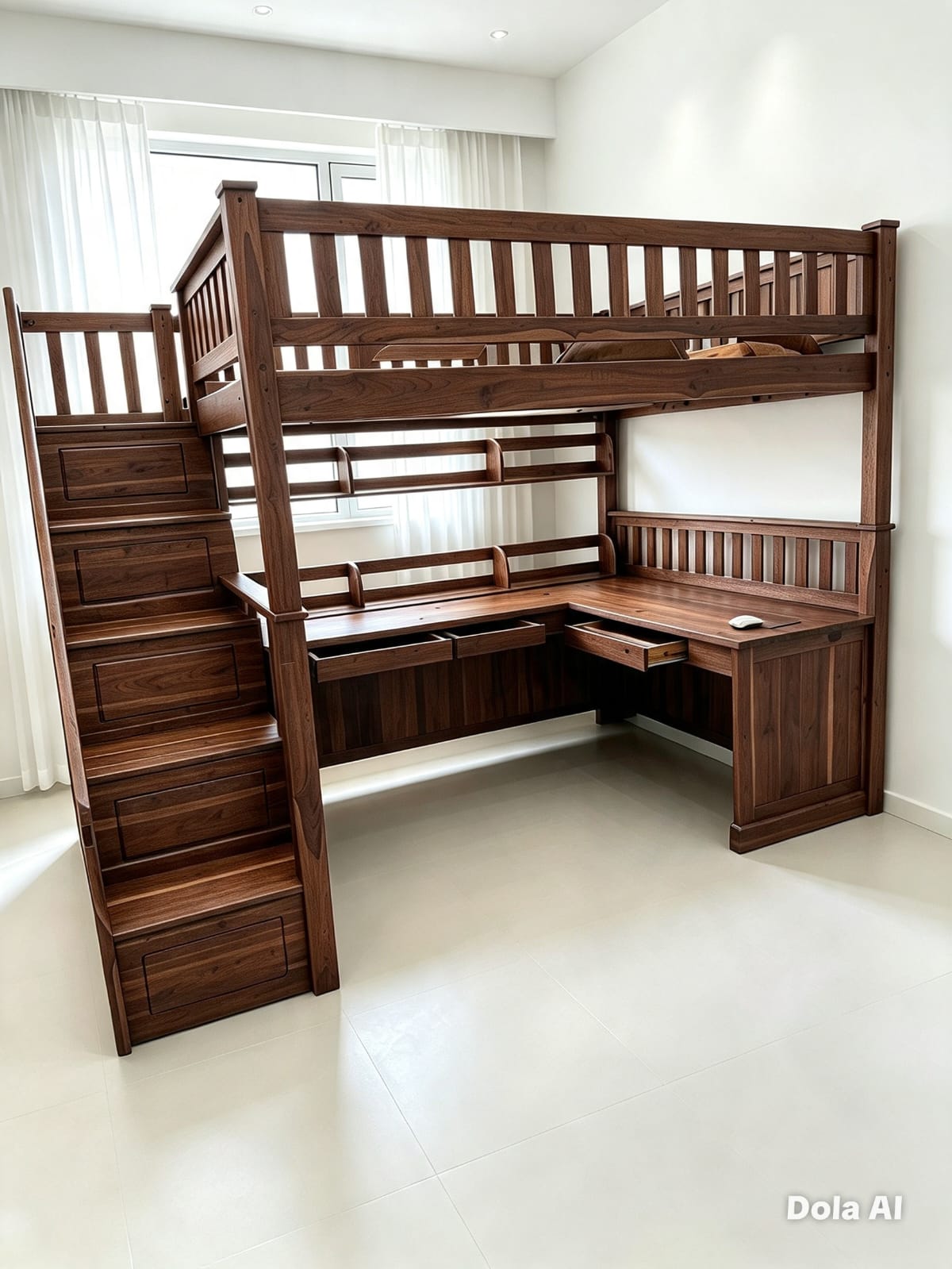 Tempat Tidur Tingkat Multifungsi Kayu Solid dengan Meja Kerja L & Tangga Laci (Loft Bed Workstation)