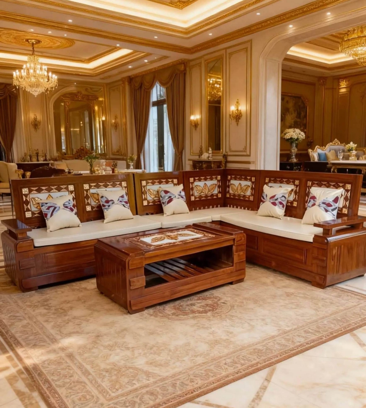 Set Sofa Sudut Kayu Solid Ukir Gold Inlay Luxury + Meja Tamu (Sofa Corner Classic Luxury)