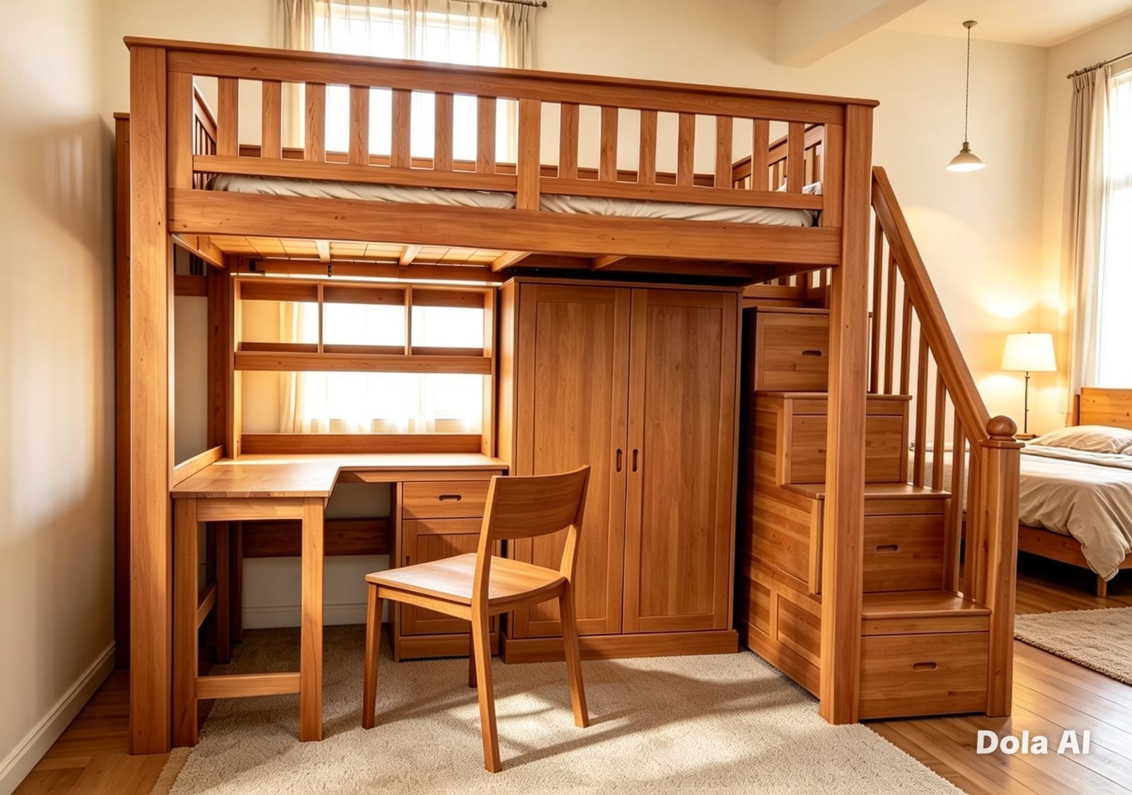 Tempat Tidur Tingkat Multifungsi Kayu Jati Solid (Loft Bed Set)