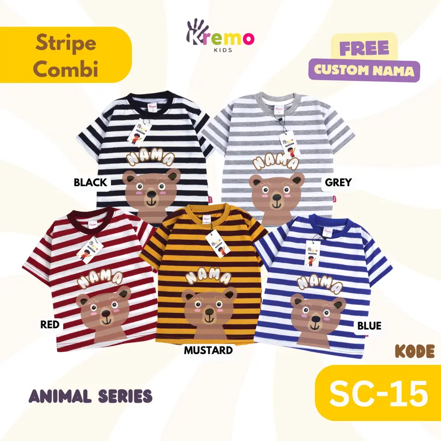SC15 - Kaos Pendek Salur/Stripe Combi (ANIMALS) [Varian: S / Black-White]