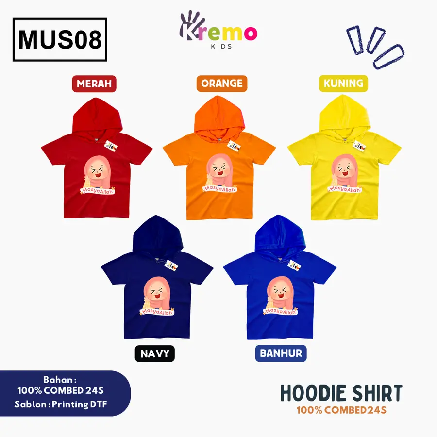 MUS08 - Hoodie Kids Combed 24s Pendek [Varian: S (3-4 y) / Biru]