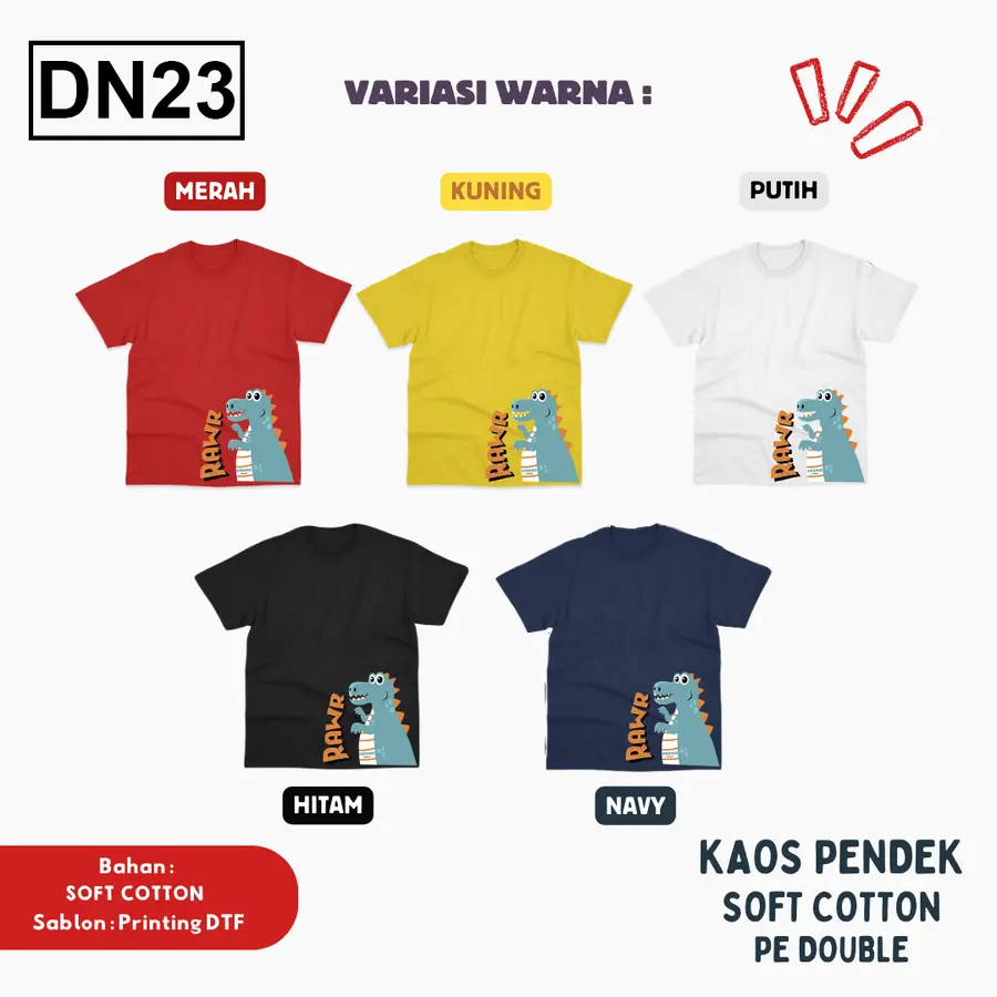 DN23 - Kaos Kids Soft Cotton Pendek [Varian: L (5-6 y) / Hitam]