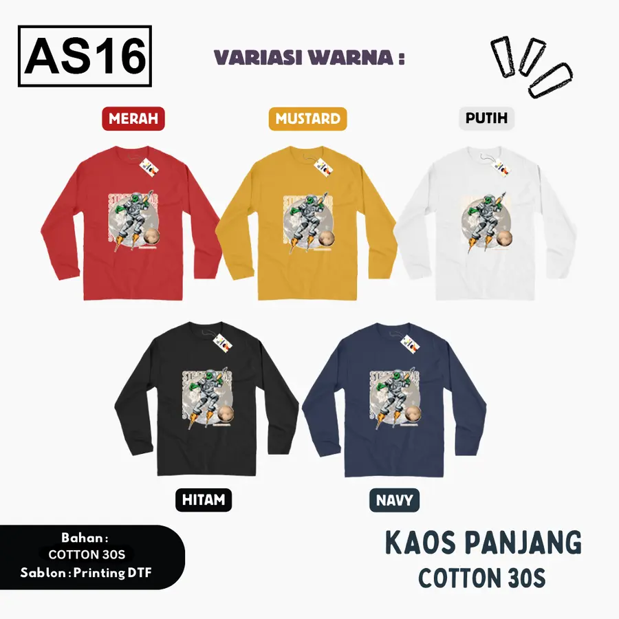 AS16 - Kaos Kids/Junior Cotton 30s Panjang [Varian: S Kids (1-2 y) / Biru Turkish]