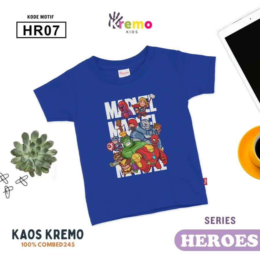 HR07 - Kaos Kids Combed 24s Pendek [Varian: S (3-4 y) / Biru]