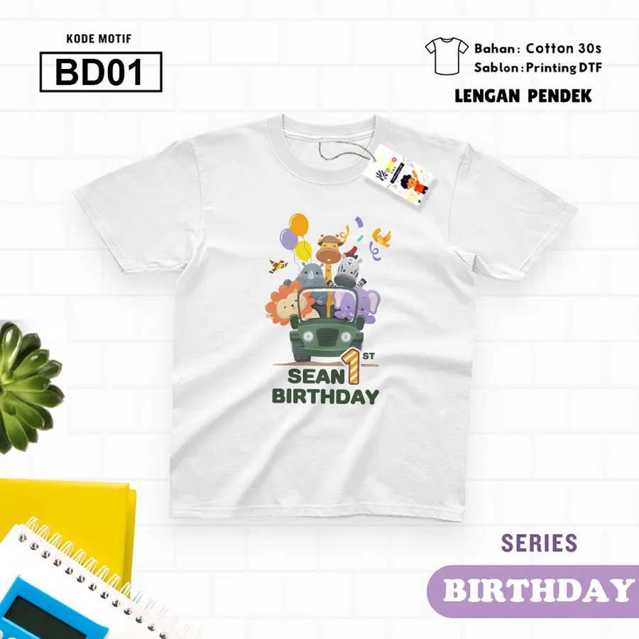 Custom Birthday ZOO Series Kaos Dewasa Cotton 30s Pendek BD01-05 (Konfirmasi Admin) [Varian: M / Biru Turkish]