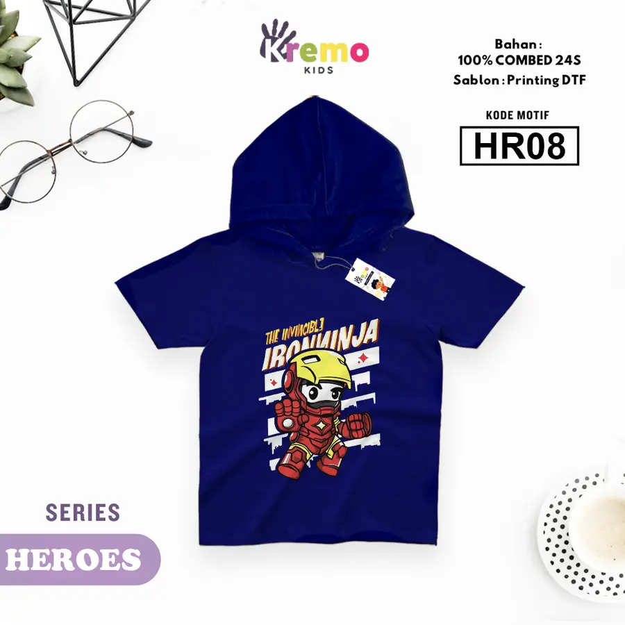 HR08 - Hoodie Kids Combed 24s Pendek [Varian: S (3-4 y) / Biru]
