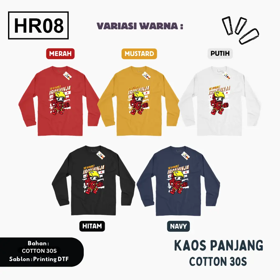 HR08 - Kaos Dewasa Cotton 30s Panjang [Varian: M / Hitam]