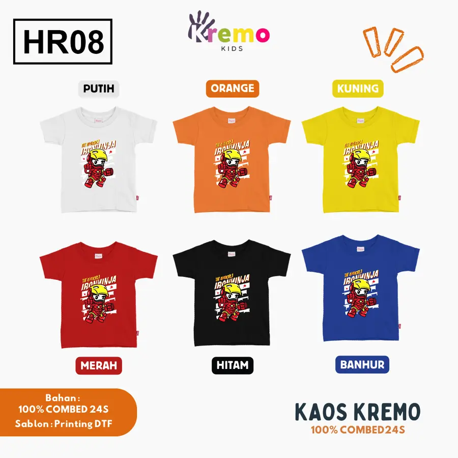 HR08 - Kaos Kids Combed 24s Pendek [Varian: S (3-4 y) / Biru]