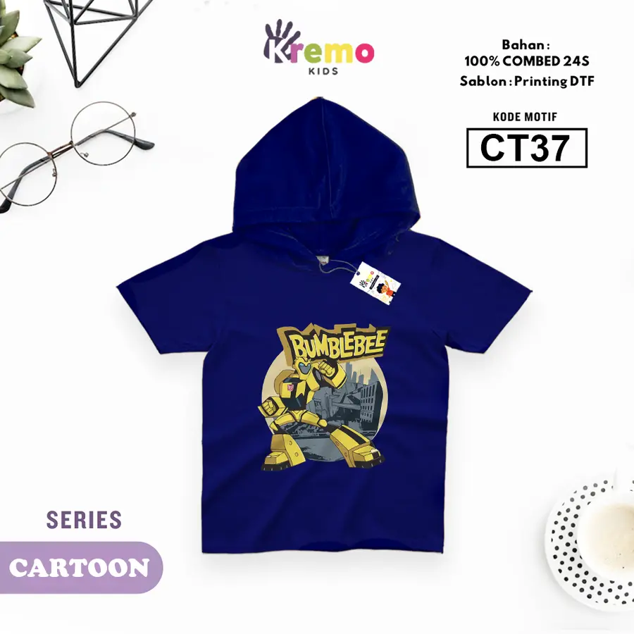 CT37 - Hoodie Kids Combed 24s Pendek [Varian: S (3-4 y) / Biru]