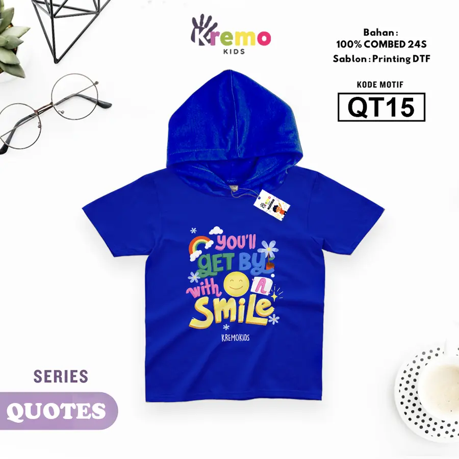 QT15 - Hoodie Kids Combed 24s Pendek [Varian: S (3-4 y) / Biru]