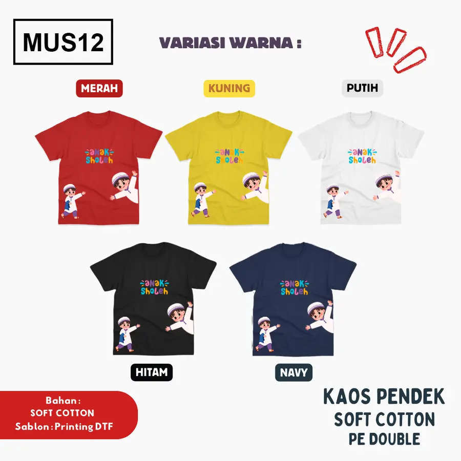 MUS12 - Kaos Kids Soft Cotton Pendek [Varian: L (5-6 y) / Hitam]