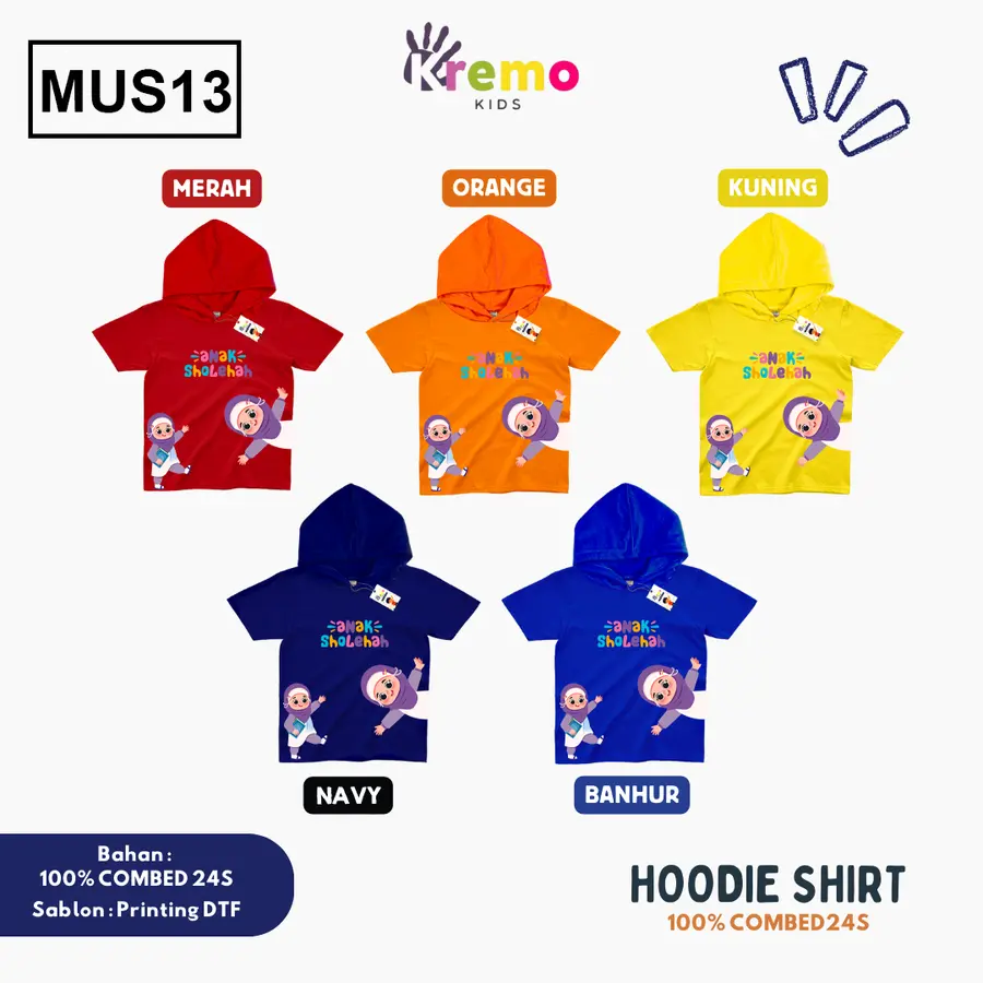 MUS13 - Hoodie Kids Combed 24s Pendek [Varian: S (3-4 y) / Biru]