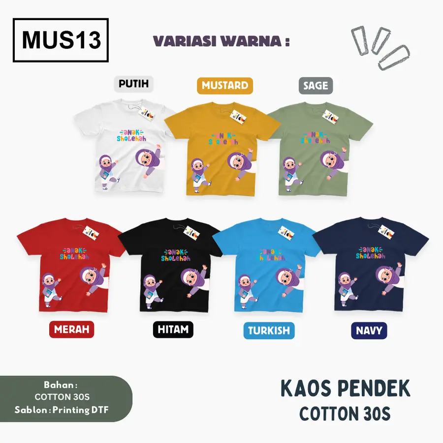 MUS13 - Kaos Dewasa Cotton 30s Pendek [Varian: M / Biru Turkish]