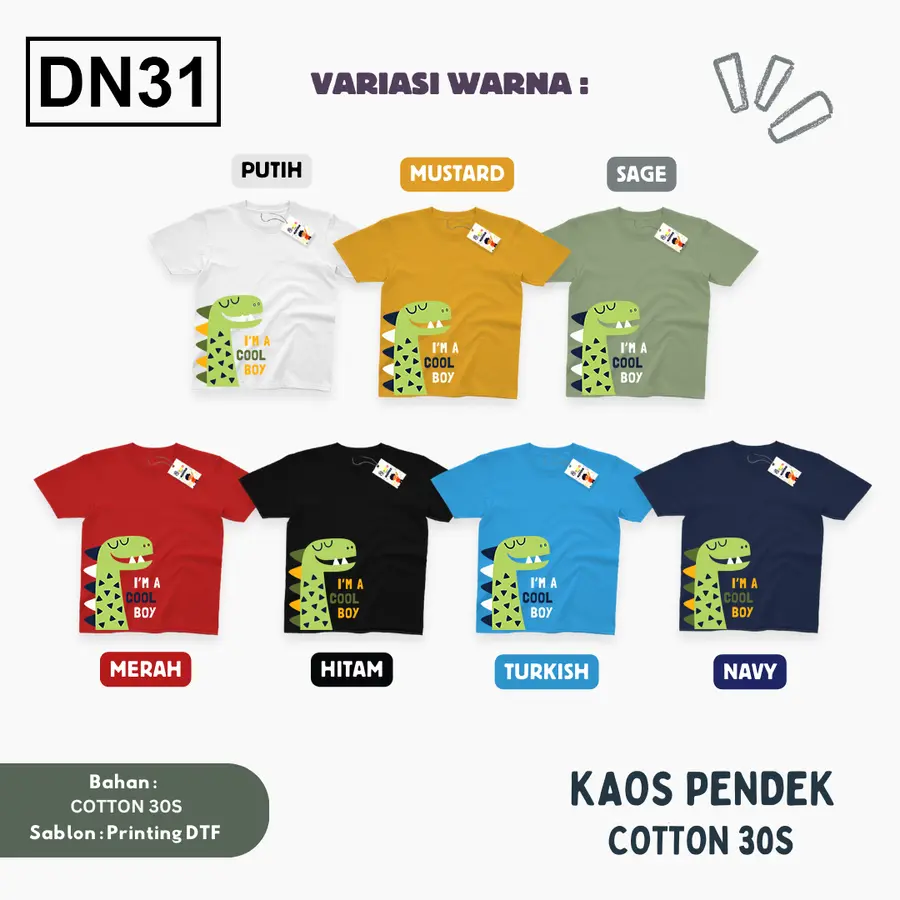 DN31 - Kaos Kids/Junior Cotton 30s Pendek [Varian: S Kids (1-2 y) / Biru Turkish]