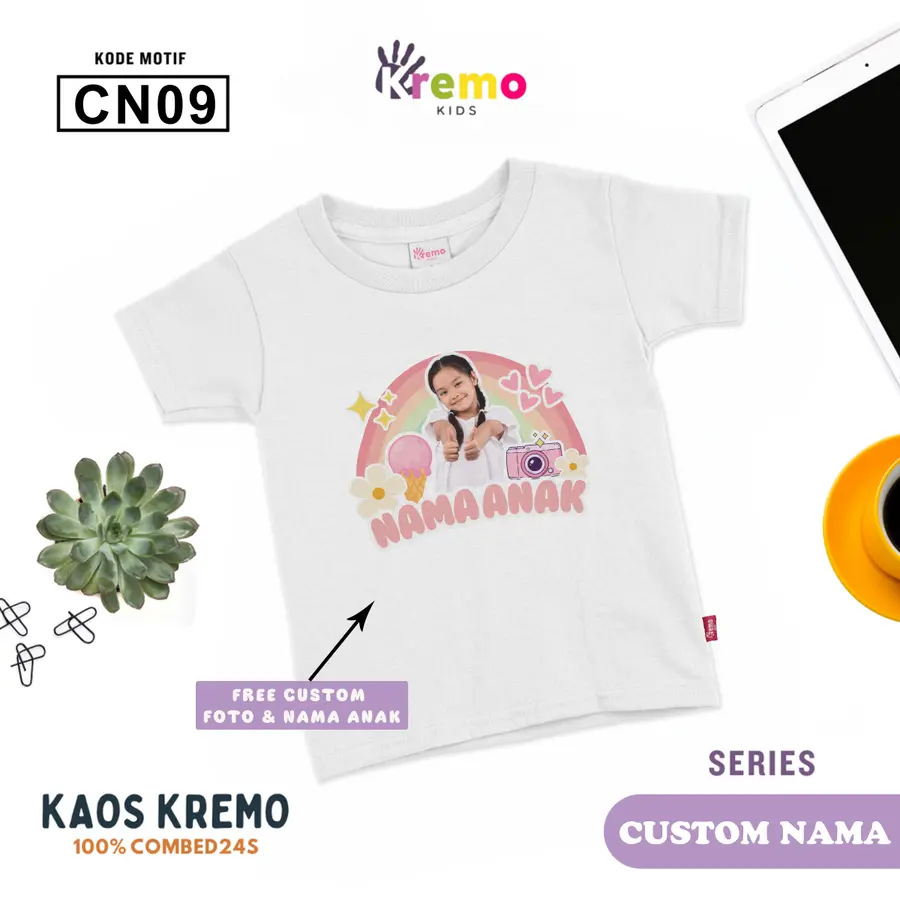 CN09 - Kaos Kids Combed 24s Pendek (CUSTOM NAMA & FOTO) [Varian: S (3-4 y) / Biru]