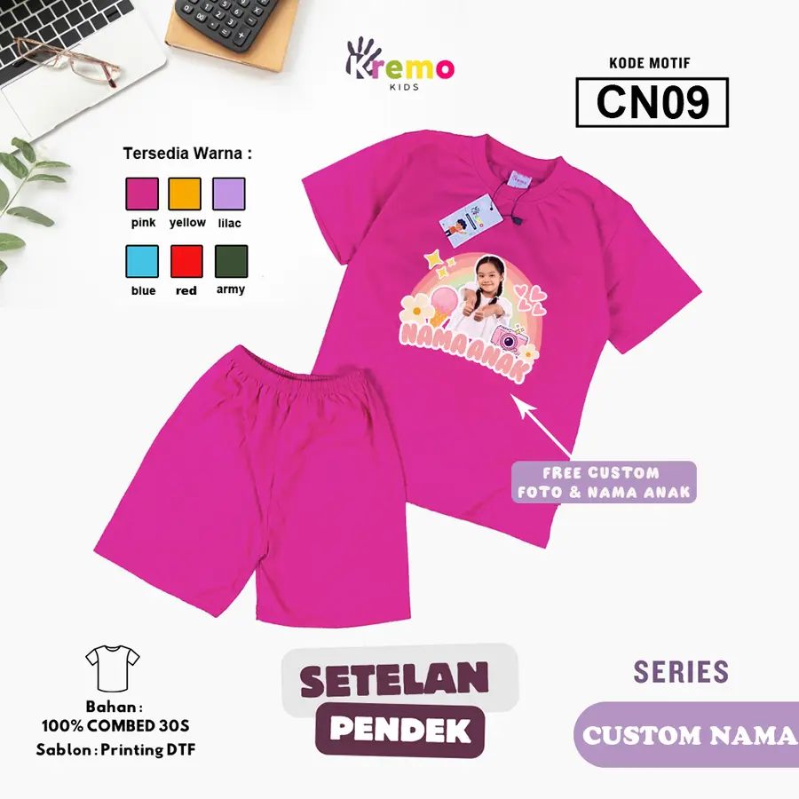 CN09 - Setelan Kids Combed 30s Pendek (CUSTOM NAMA & FOTO) [Varian: S (3-4 y) / Army]