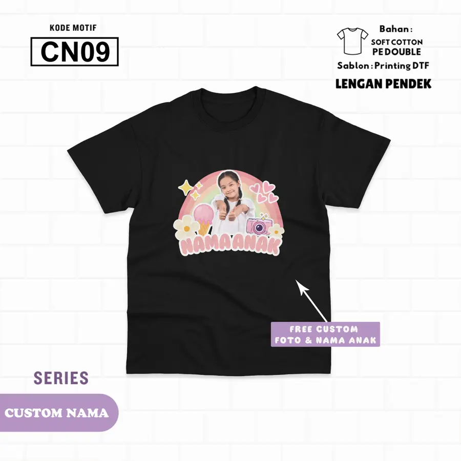 CN09 - Kaos Kids Soft Cotton Pendek (CUSTOM NAMA) [Varian: L (5-6 y) / Hitam]