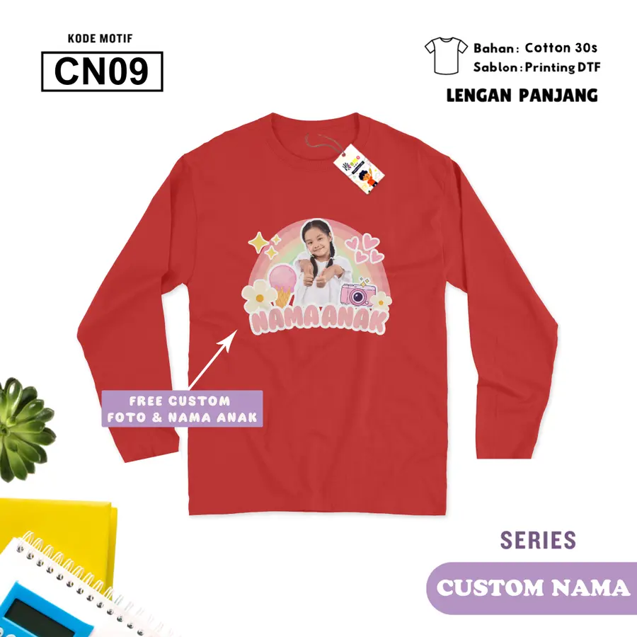 CN09 - Kaos Kids/Junior Cotton 30s Panjang (CUSTOM NAMA) [Varian: S Kids (1-2 y) / Biru Turkish]