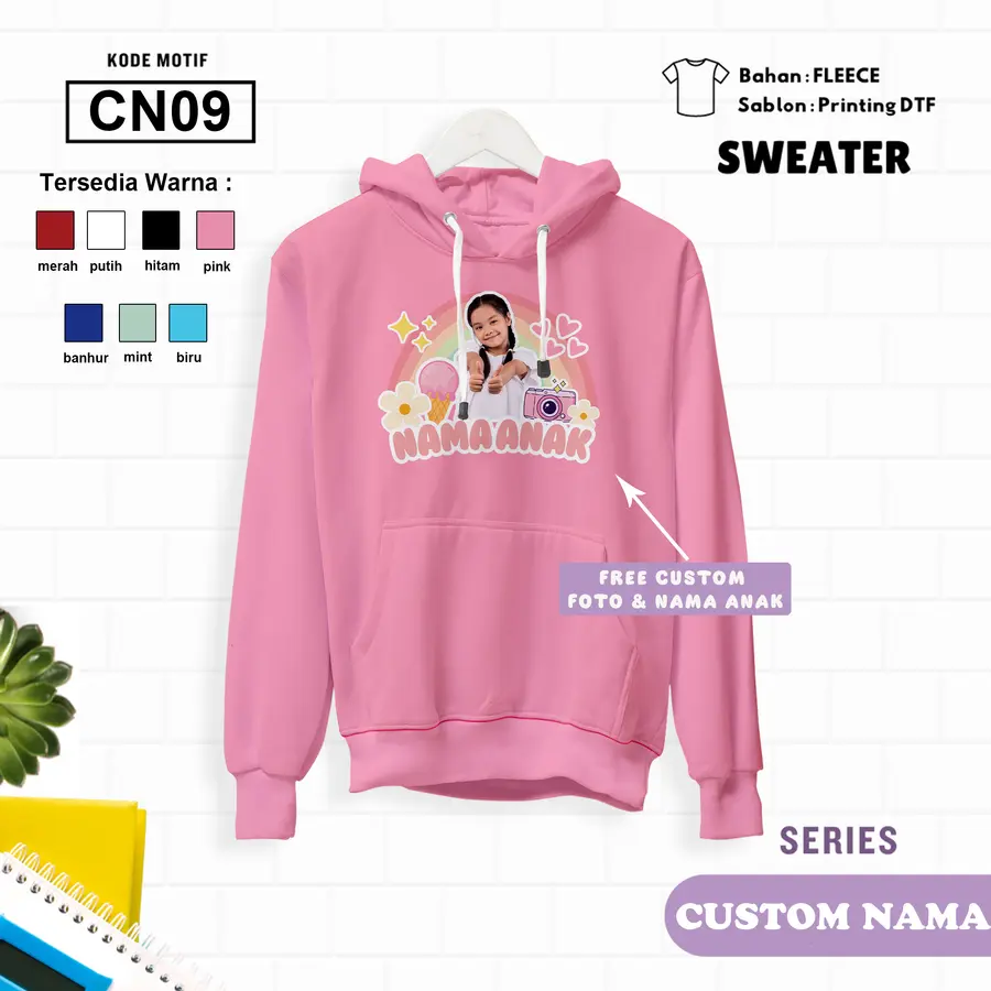 CN09 - Sweter Kids Fleece Panjang (CUSTOM NAMA & FOTO) [Varian: L (5-6 y) / Biru]