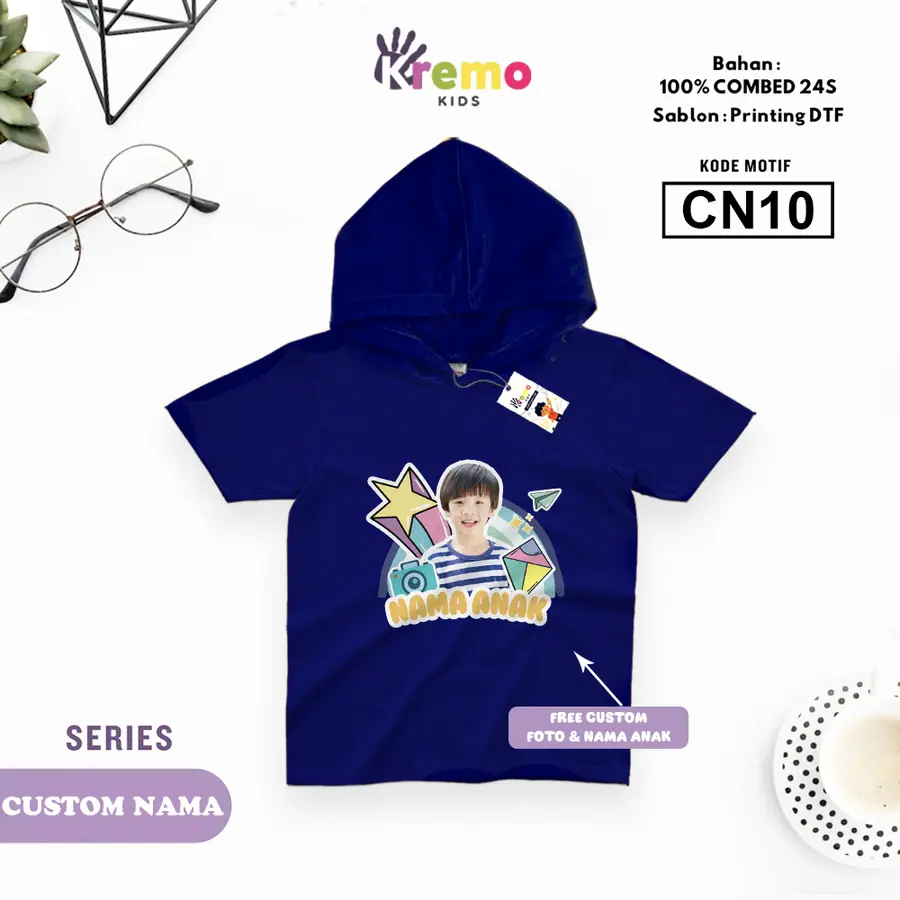 CN10 - Hoodie Kids Combed 24s Pendek (CUSTOM NAMA & FOTO) [Varian: S (3-4 y) / Biru]