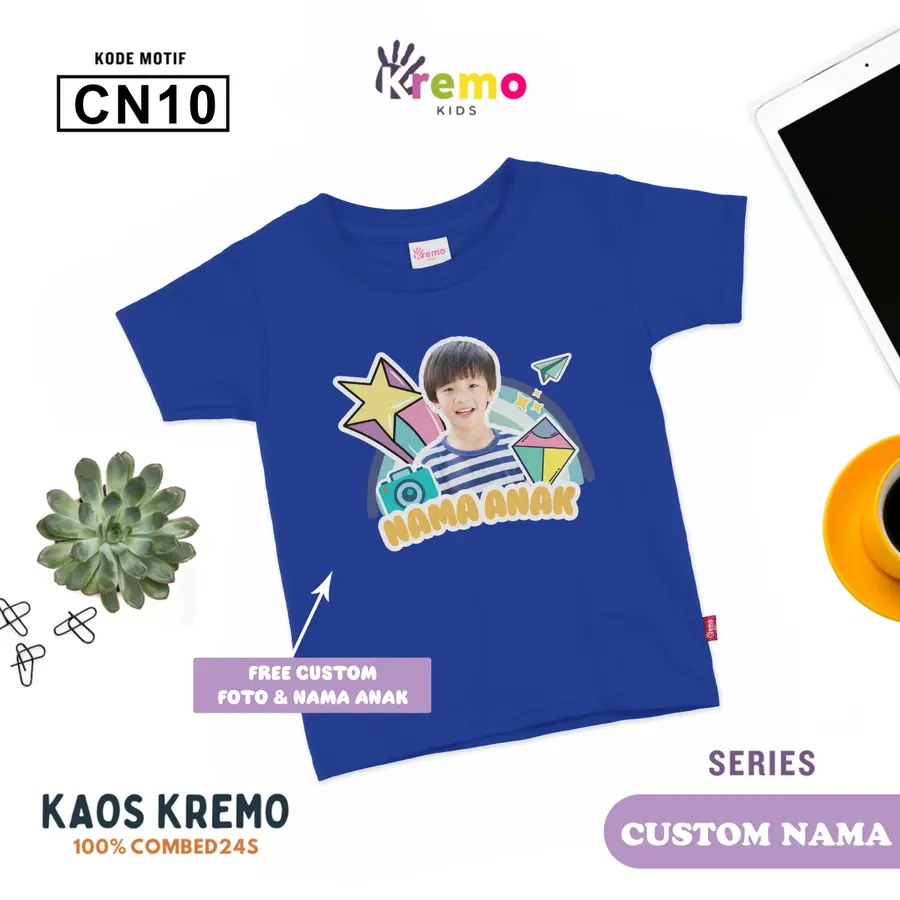CN10 - Kaos Kids Combed 24s Pendek (CUSTOM NAMA & FOTO) [Varian: S (3-4 y) / Biru]