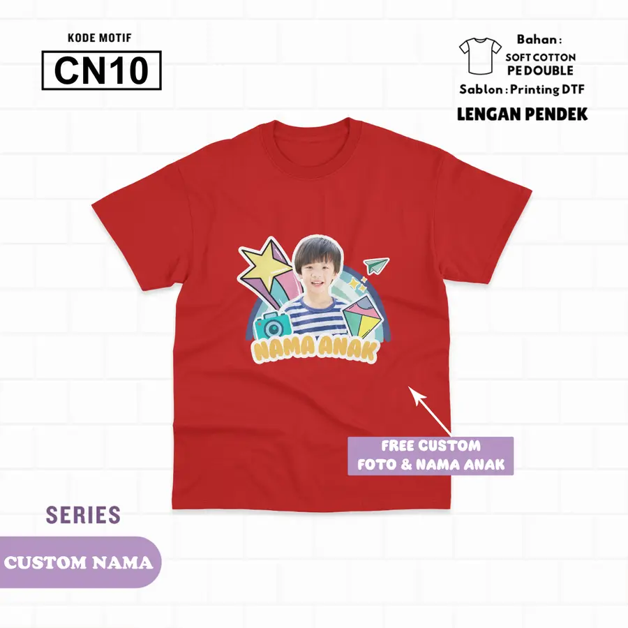 CN10 - Kaos Kids Soft Cotton Pendek (CUSTOM NAMA) [Varian: L (5-6 y) / Hitam]