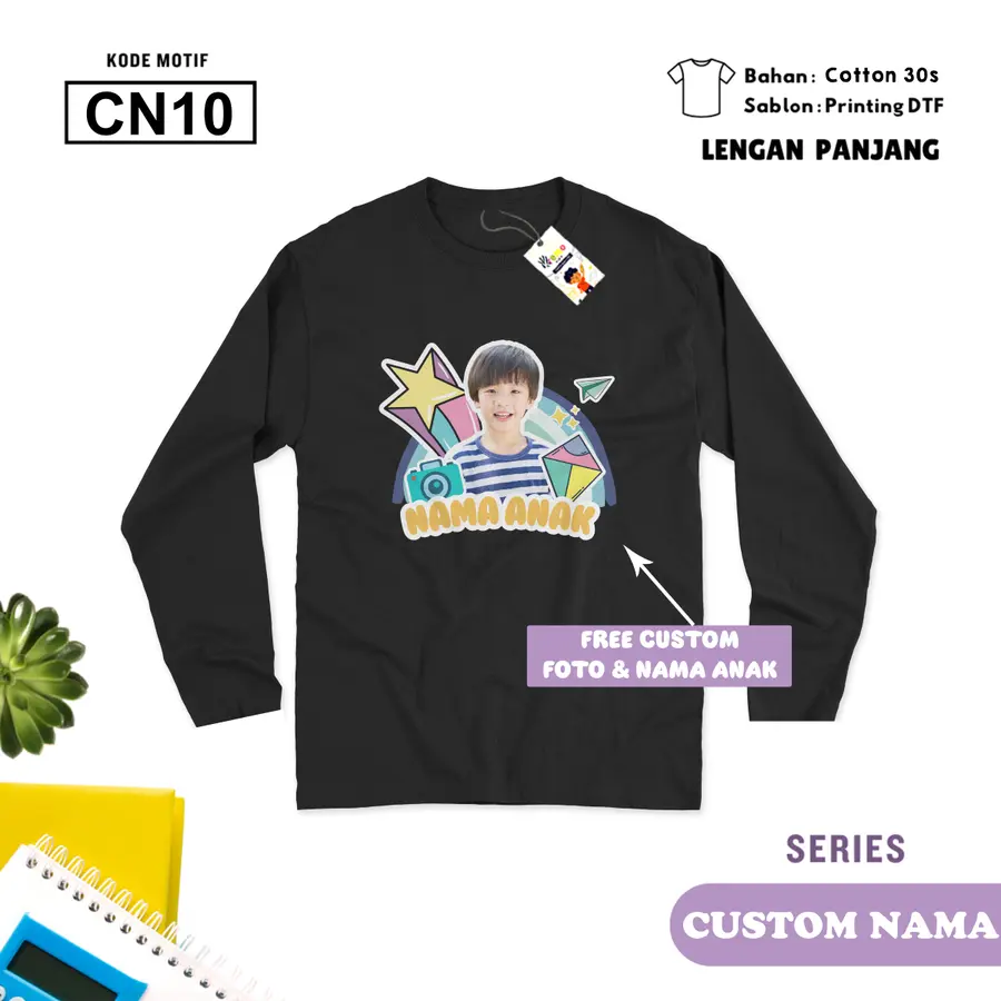 CN10 - Kaos Kids/Junior Cotton 30s Panjang (CUSTOM NAMA) [Varian: S Kids (1-2 y) / Biru Turkish]