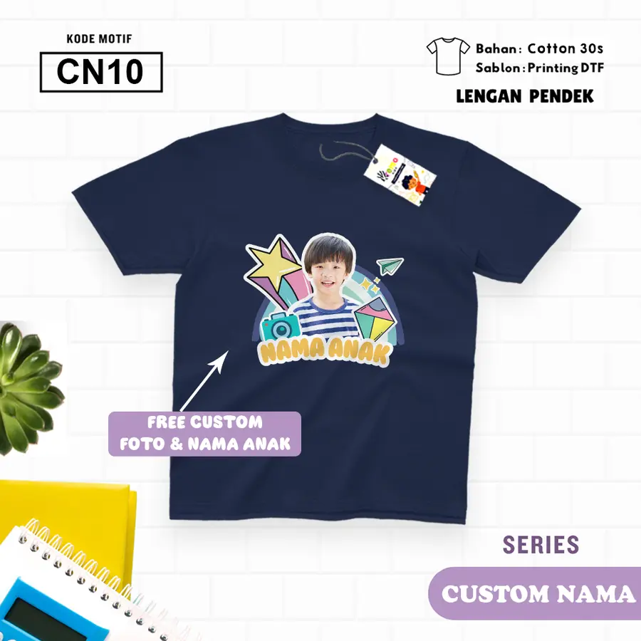CN10 - Kaos Kids/Junior Cotton 30s Pendek (CUSTOM NAMA) [Varian: S Kids (1-2 y) / Biru Turkish]