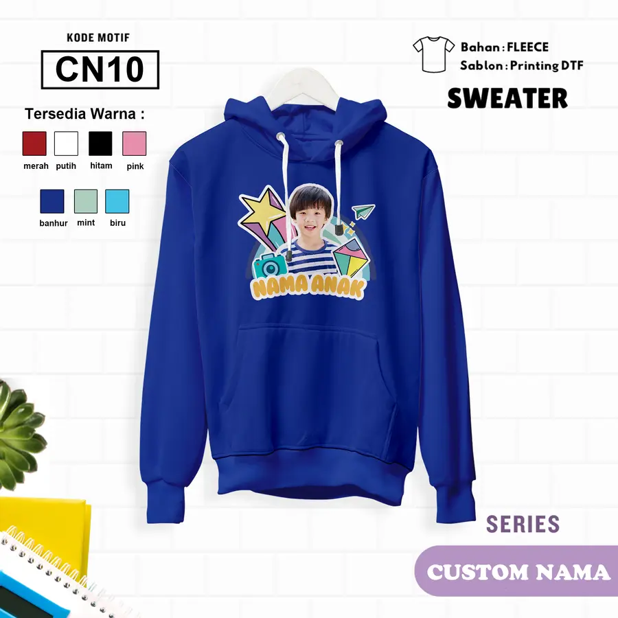 CN10 - Sweter Kids Fleece Panjang (CUSTOM NAMA & FOTO) [Varian: L (5-6 y) / Biru]