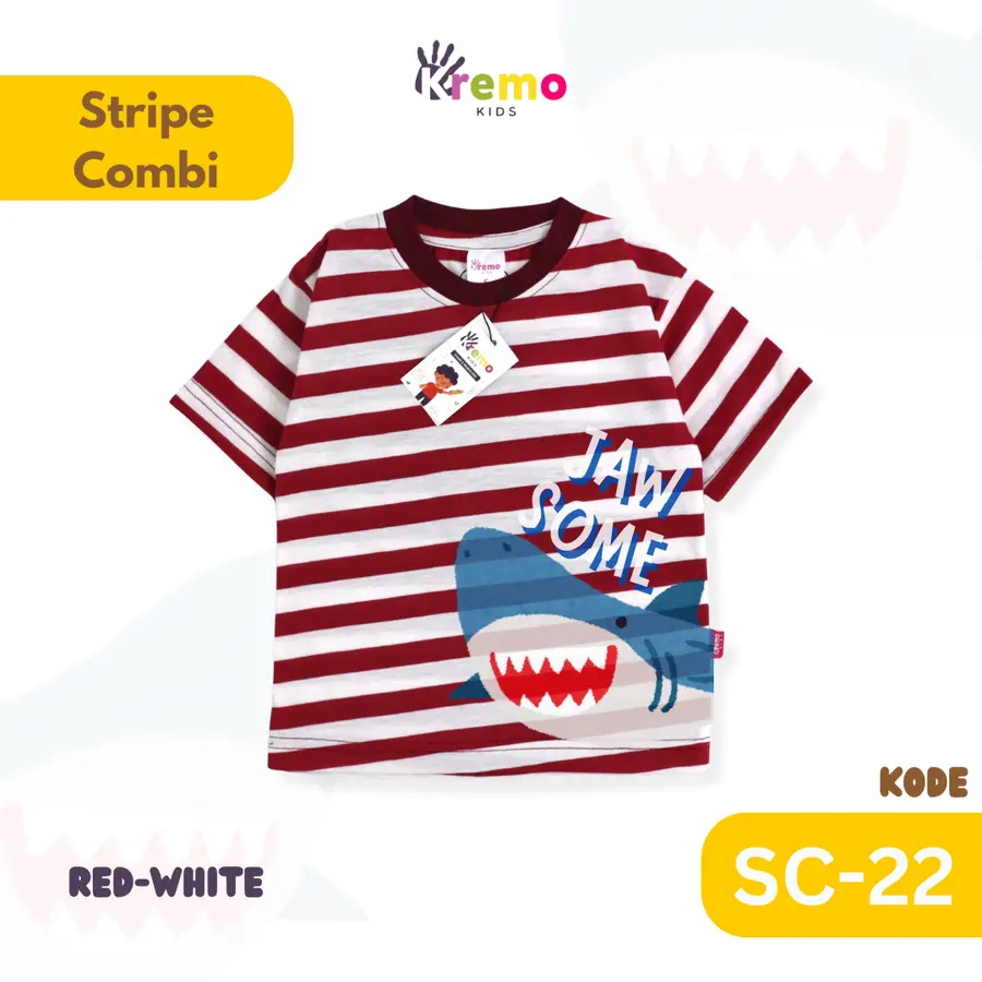 SC22 - Kaos Pendek Salur/Stripe Combi SHARK (ANIMAL SEA) [Varian: S / Black-White]