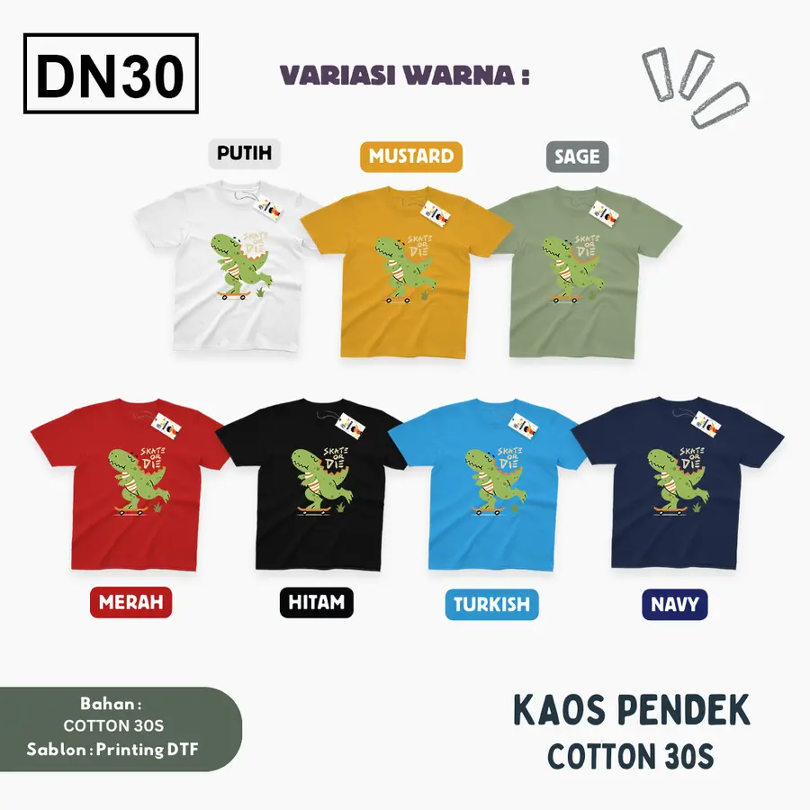 DN30 - Kaos Kids/Junior Cotton 30s Pendek [Varian: S Kids (1-2 y) / Biru Turkish]