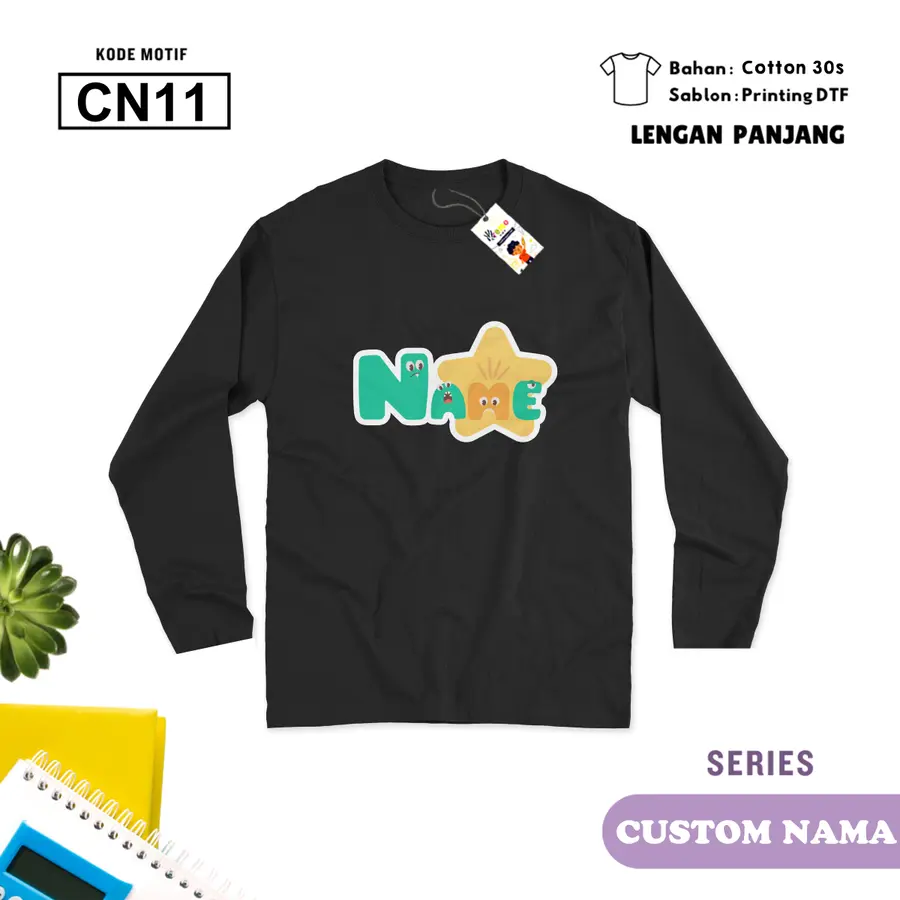 CN11- Kaos Dewasa Cotton 30s Panjang (CUSTOM NAMA) [Varian: M / Hitam]