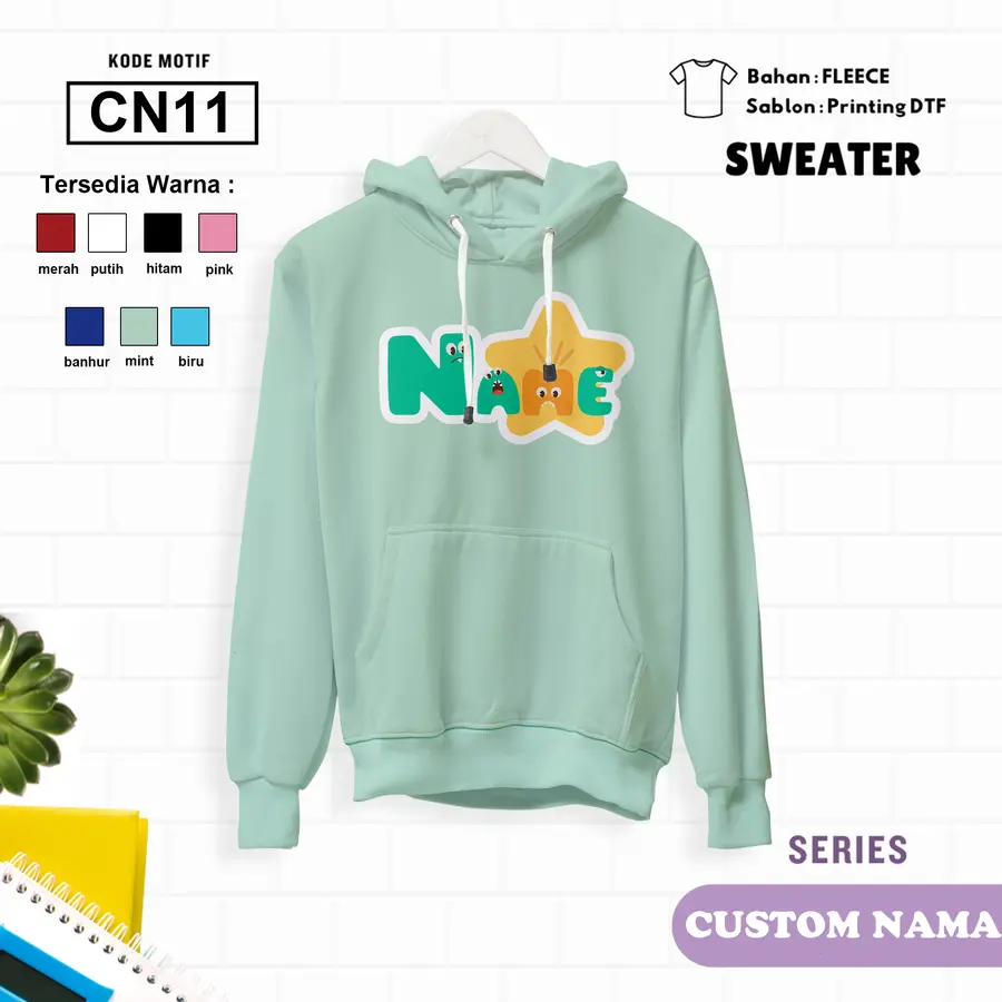 CN11 - Sweter Kids Fleece Panjang (CUSTOM NAMA) [Varian: L (5-6 y) / Biru]