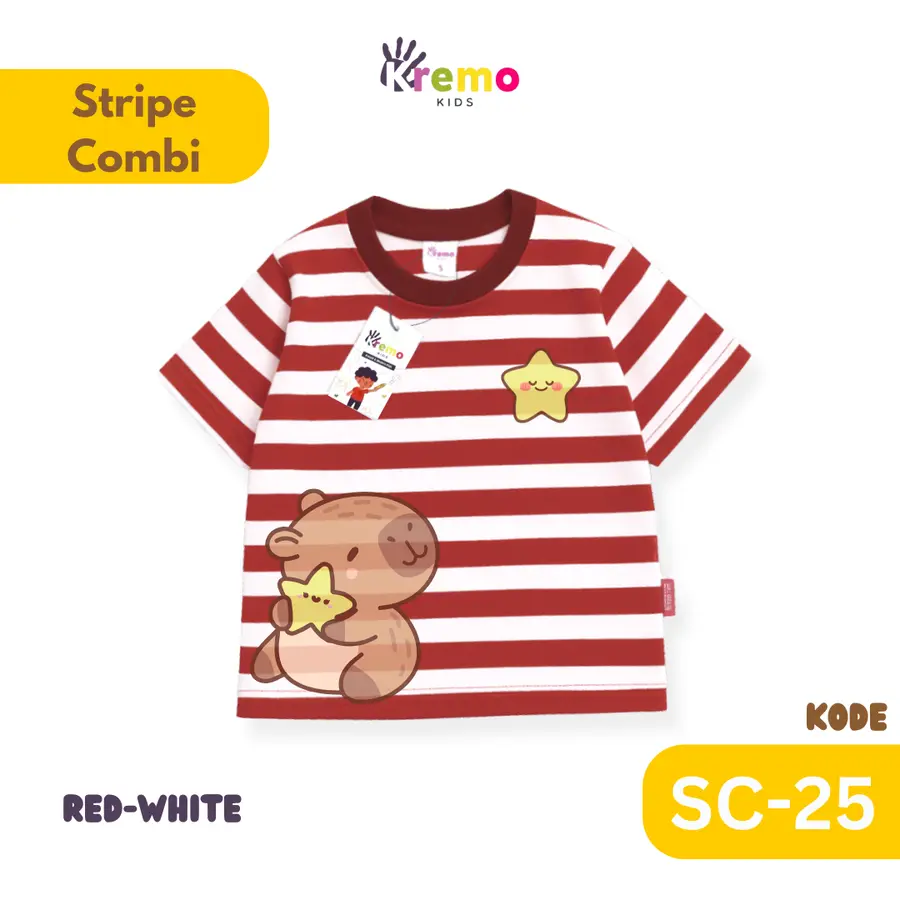 SC25 - Kaos Pendek Salur/Stripe Combi Animal [Varian: S / Black-White]