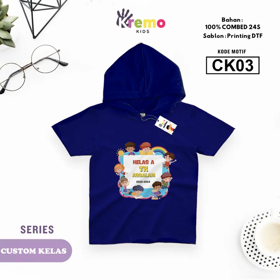 CK03 - Hoodie Kids Combed 24s Pendek [Varian: S (3-4 y) / Biru]