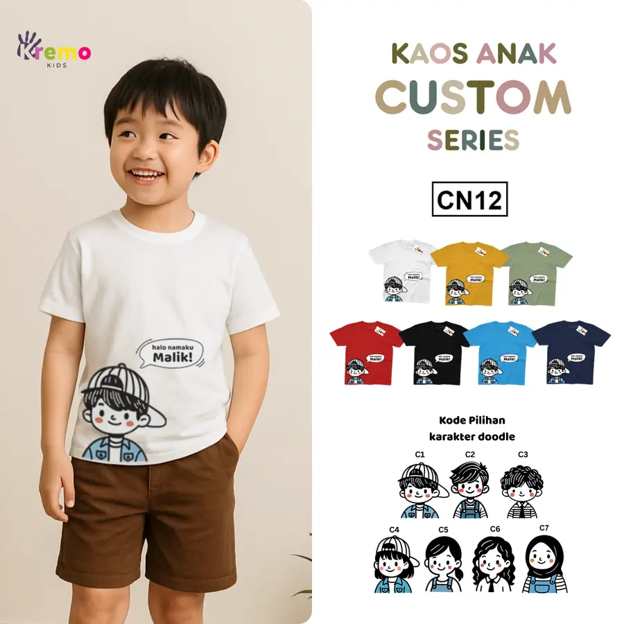 CN12 - Kaos Kids/Junior Cotton 30s Pendek (CUSTOM NAMA) [Varian: S Kids (1-2 y) / Biru Turkish]