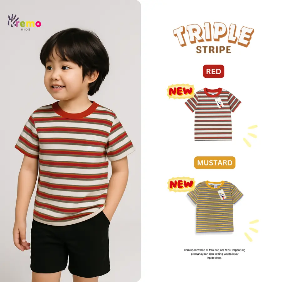 TRIPLE STRIPE KAOS SALUR KREMOKIDS [Varian: L / Merah (Red)]