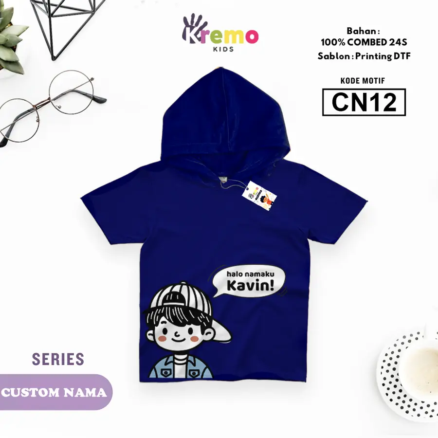 CN12 - Hoodie Kids Combed 24s Pendek (CUSTOM NAMA) [Varian: S (3-4 y) / Biru]