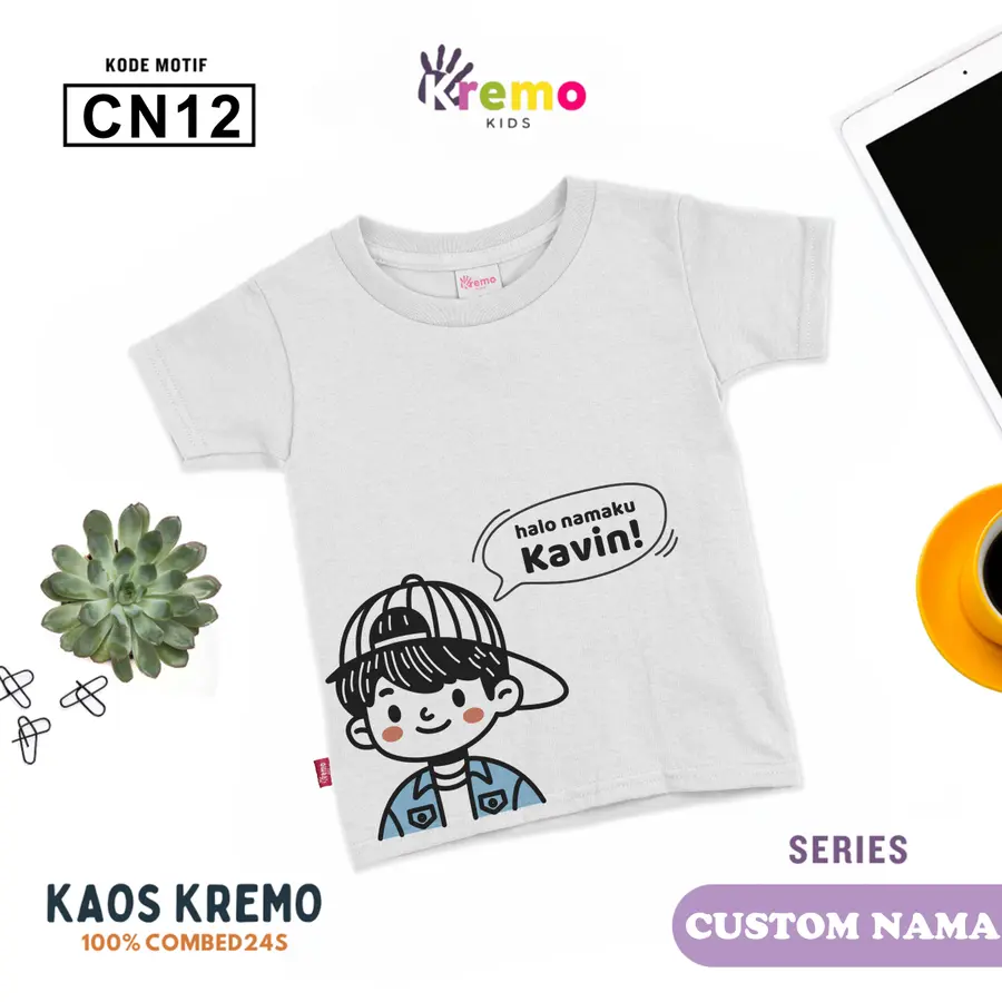 CN12 - Kaos Kids Combed 24s Pendek (CUSTOM NAMA) [Varian: S (3-4 y) / Biru]