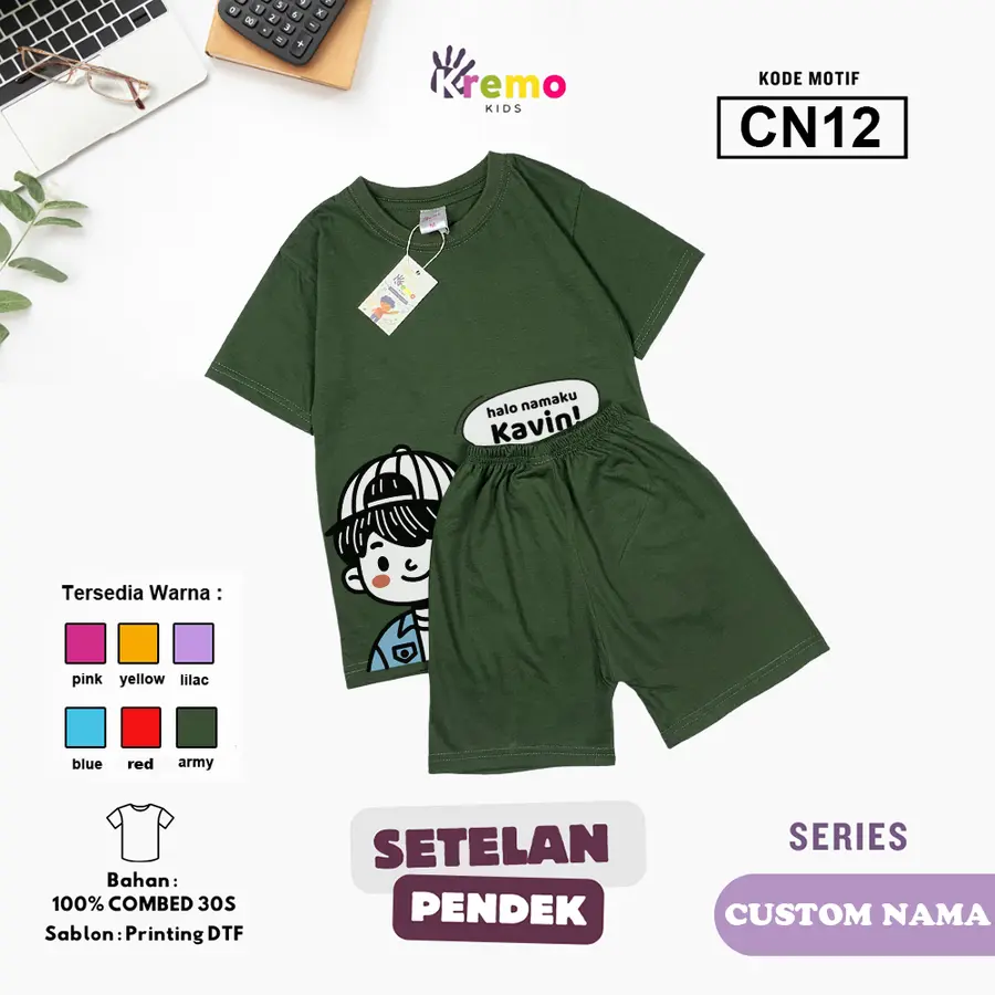 CN12 - Setelan Kids Combed 30s Pendek (CUSTOM NAMA) [Varian: S (3-4 y) / Army]