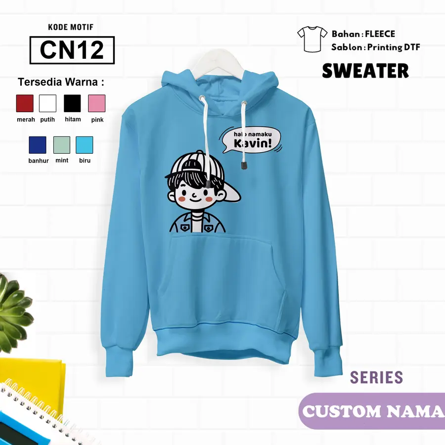 CN12 - Sweter Kids Fleece Panjang (CUSTOM NAMA) [Varian: L (5-6 y) / Biru]