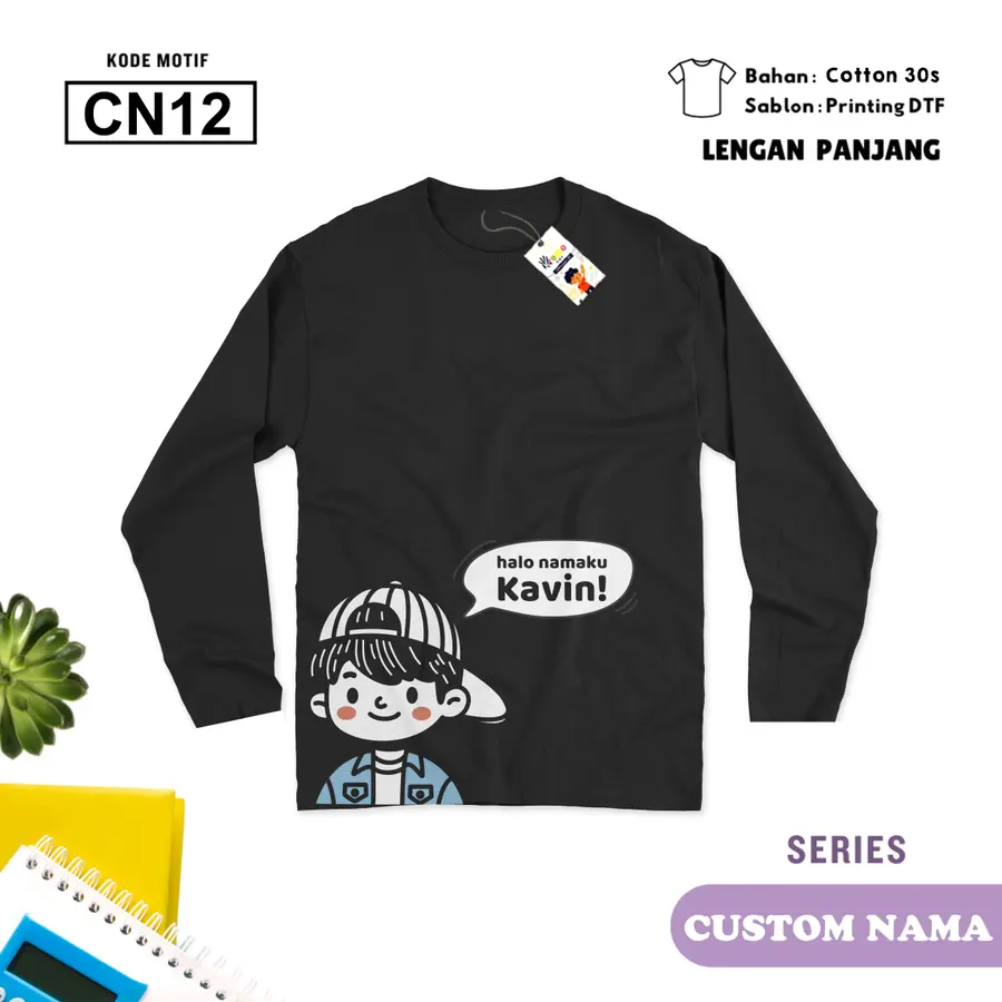 CN12 - Kaos Dewasa Cotton 30s Panjang (CUSTOM NAMA) [Varian: M / Hitam]