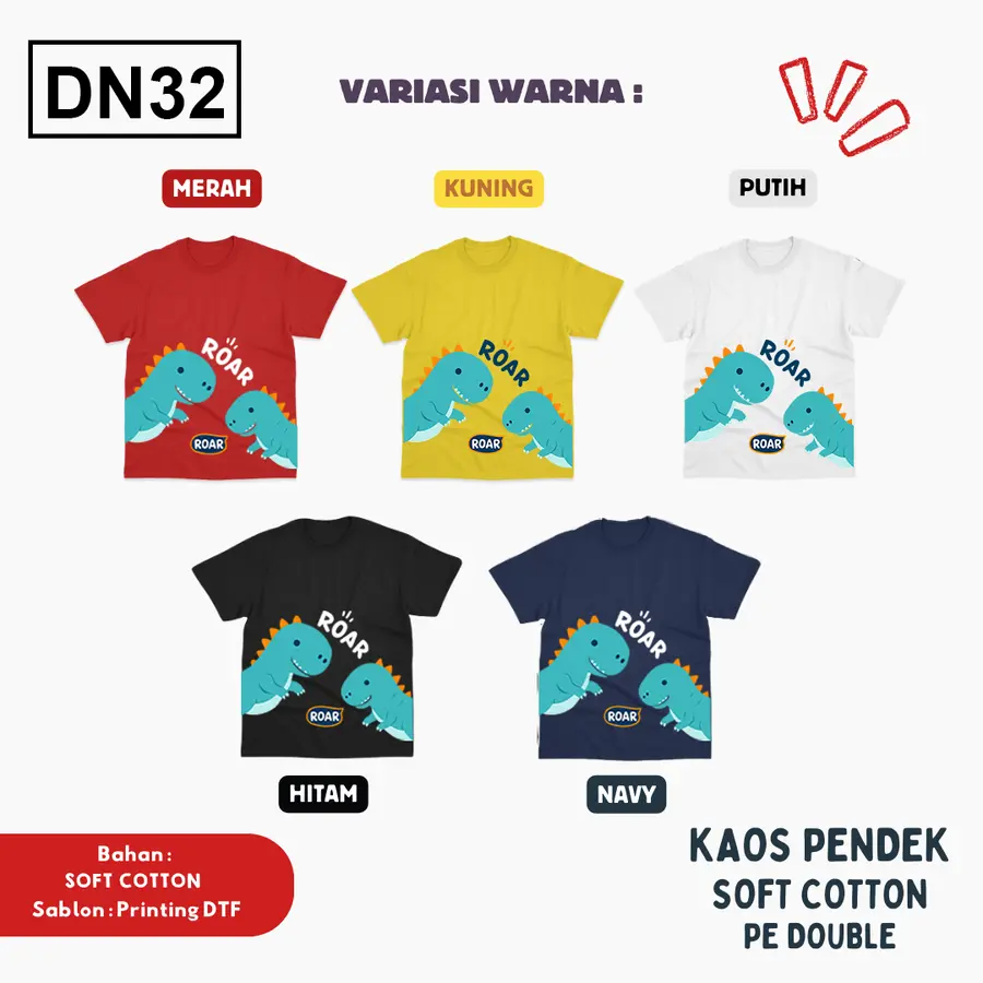 DN32 - Kaos Kids Soft Cotton Pendek [Varian: L (5-6 y) / Hitam]