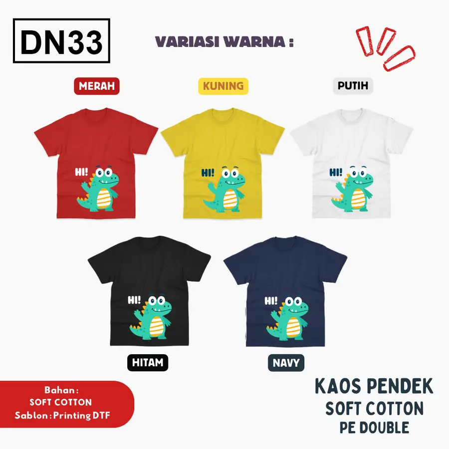 DN33 - Kaos Kids Soft Cotton Pendek [Varian: L (5-6 y) / Hitam]