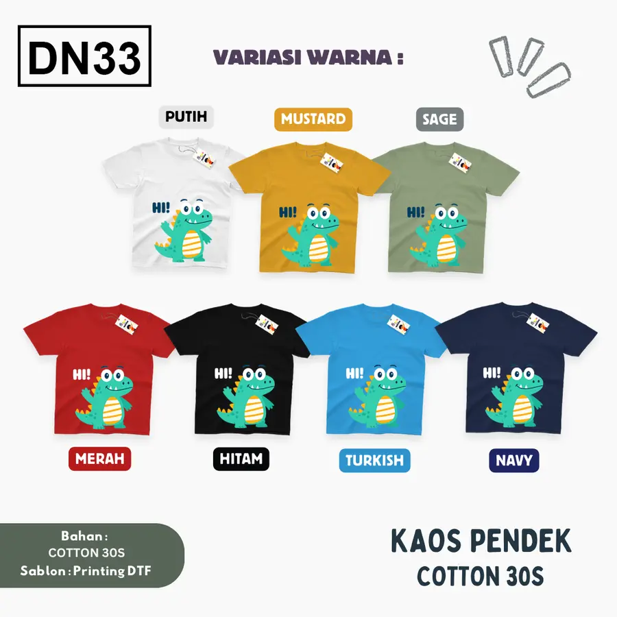 DN33 - Kaos Kids/Junior Cotton 30s Pendek [Varian: S Kids (1-2 y) / Biru Turkish]