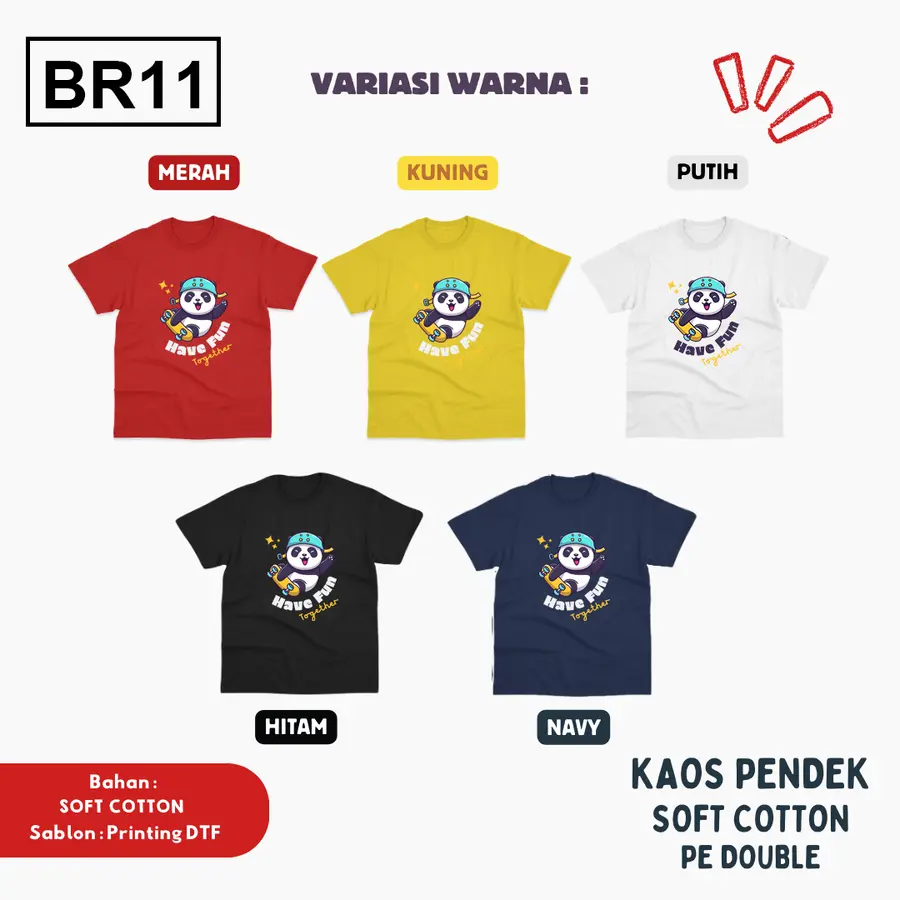 BR11 - Kaos Kids Soft Cotton Pendek [Varian: L (5-6 y) / Hitam]