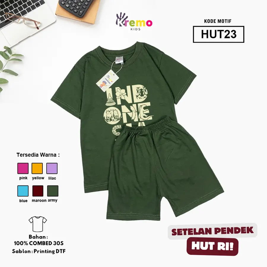 HUT23 - Setelan Kids Combed 30s Pendek [Varian: S (3-4 y) / Army]