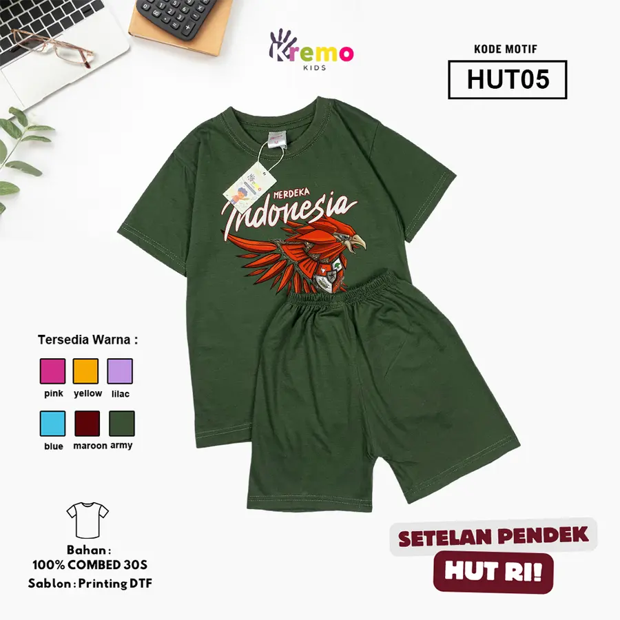 HUT05 - Setelan Kids Combed 30s Pendek [Varian: S (3-4 y) / Army]