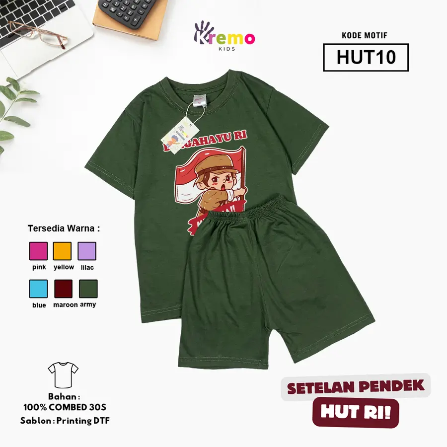 HUT10 - Setelan Kids Combed 30s Pendek [Varian: S (3-4 y) / Army]